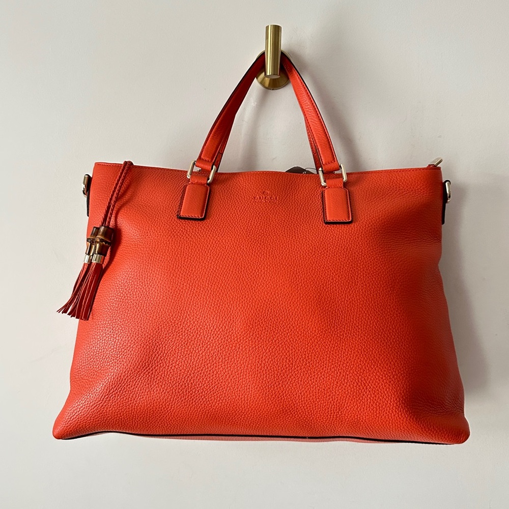 Authentic Gucci Bamboo Tassel Soft Orange Leather Top Handle Zip Tote